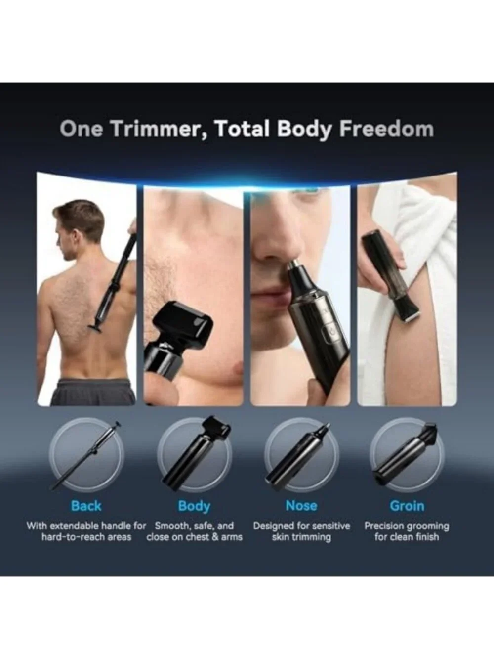 4-in-1 Electric Back Shaver & Groin Hair Trimmer with LED Display for Men